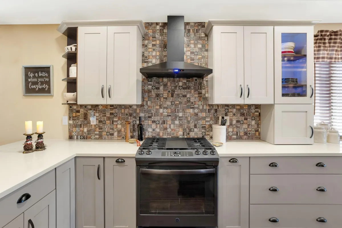 white wooden kitchen cabinet with gray kitchen cabinet