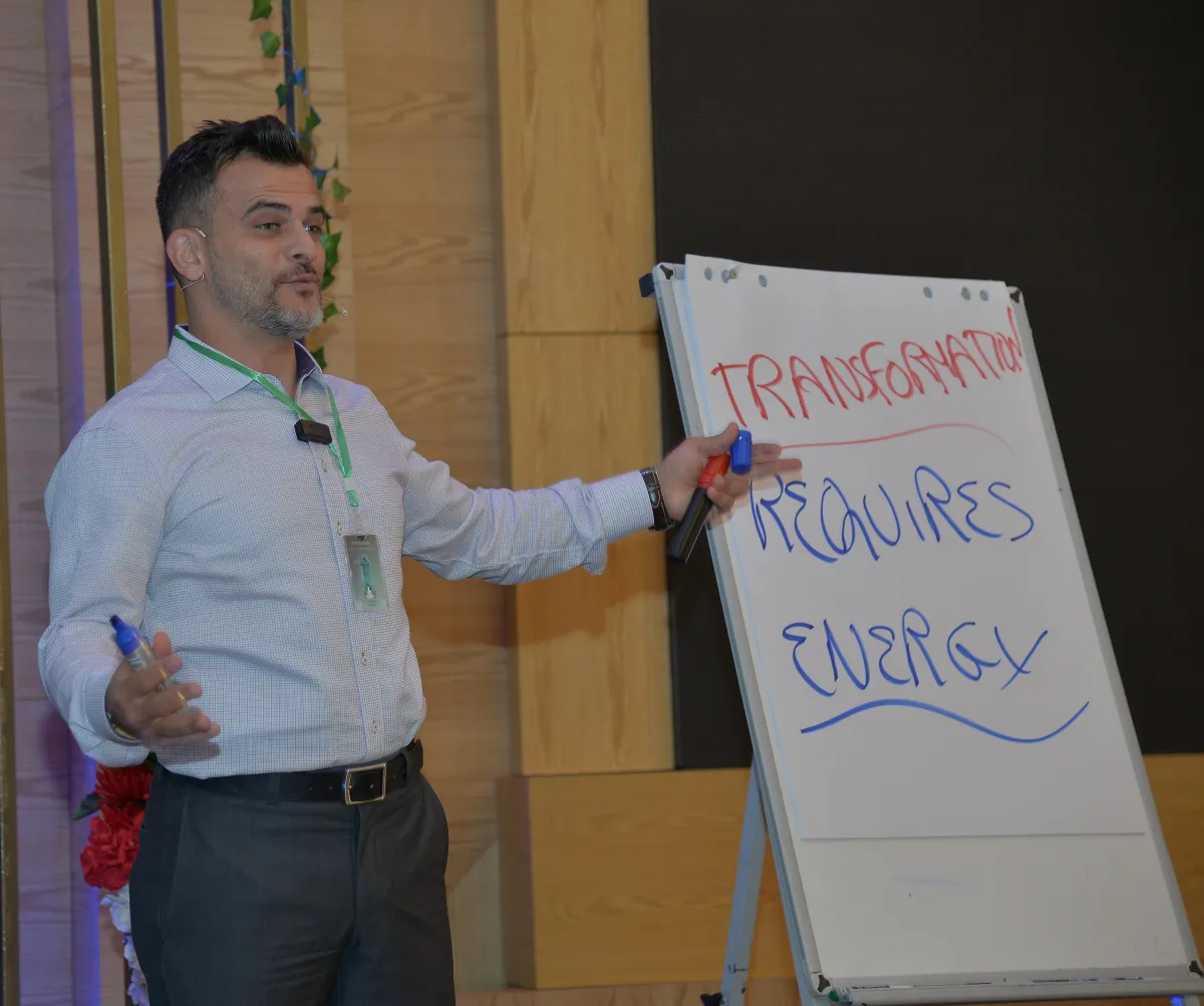 Business leader presenting structured thinking on a board, illustrating clarity, measurement, and leadership alignment