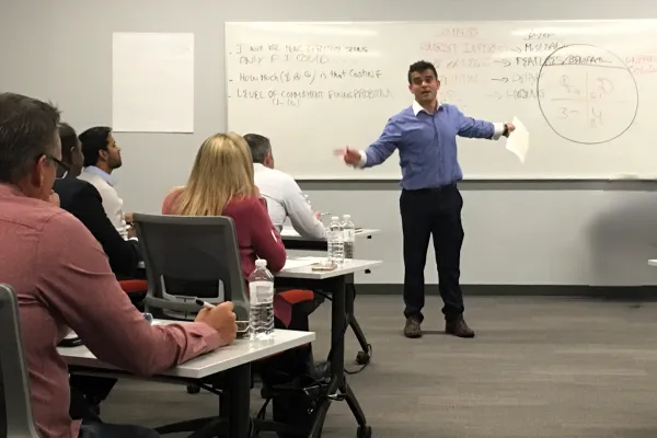 Executive leading leadership training on decision consistency under pressure using structured whiteboard framework