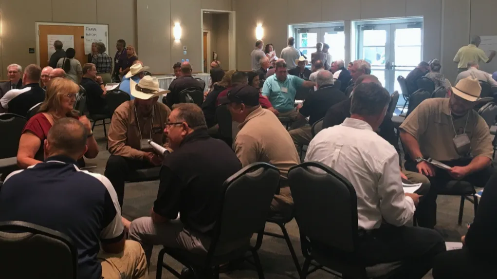 Participants seated in several small discussion groups during a professional training event.