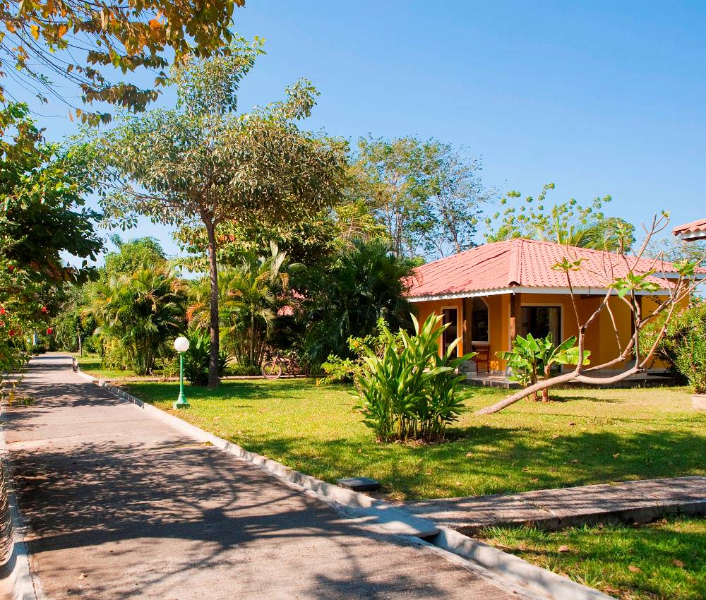 A group of diverse homeowners, including a retired couple and a young family, laughing together at a community barbecue under palm trees. The scene is bright, casual, and welcoming, with colorful plates and relaxed outdoor seating.