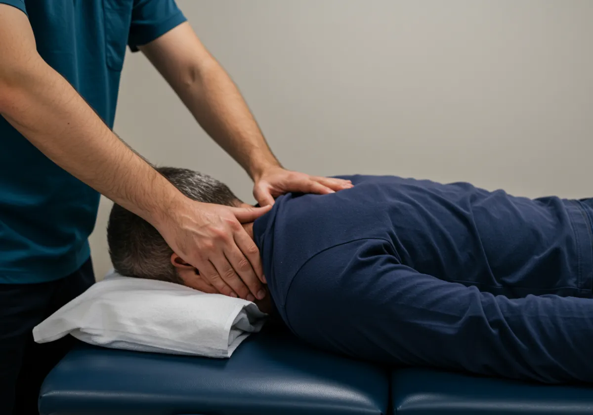 A person lying face down on a therapy table receiving a neck and upper back massage from a therapist to alleviate chronic pain