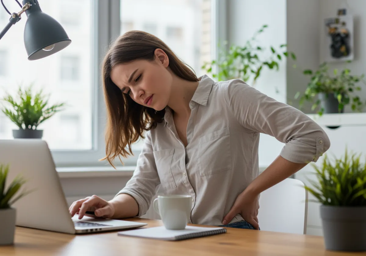 woman sitting at a desk in front of a laptop, holding her lower back and wincing in pain due to poor posture.