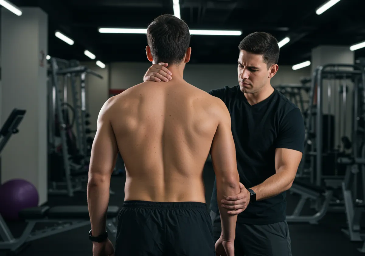 A fitness trainer assisting a shirtless man with shoulder and arm stretches in a gym, focusing on rehabilitation after a sports injury