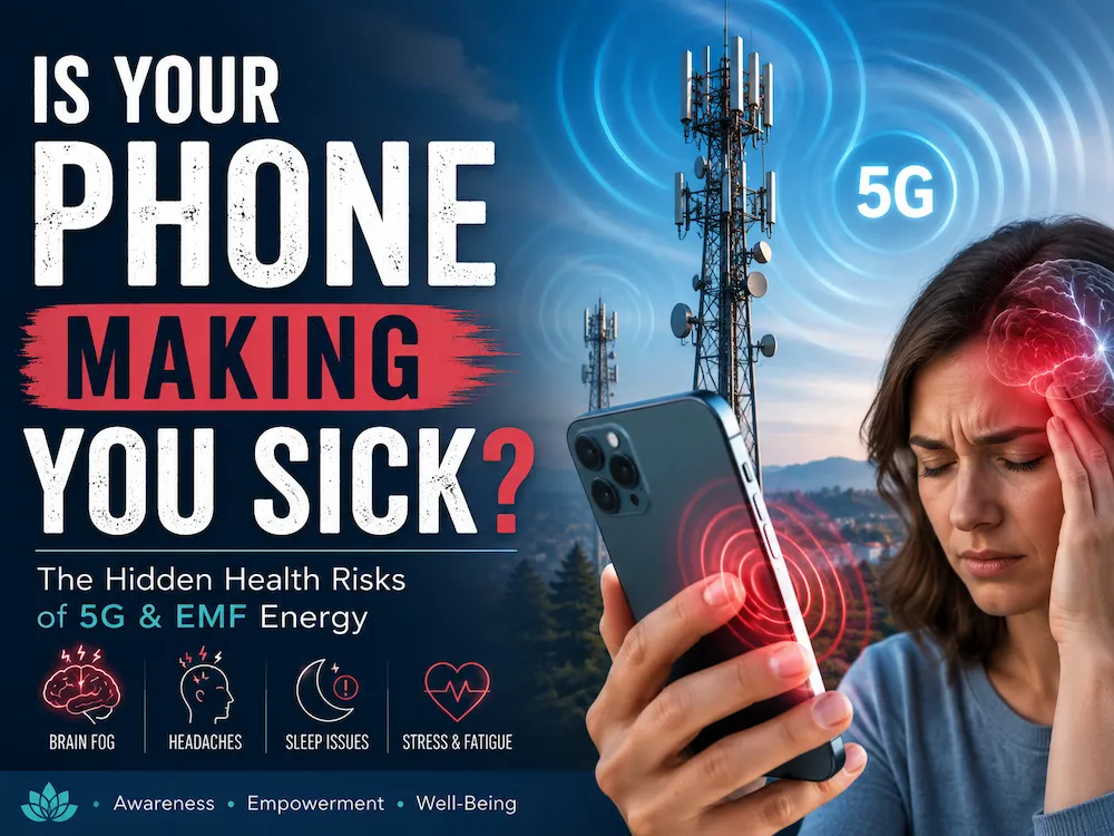 Person holding a smartphone with 5G network towers in the background representing EMF radiation exposure