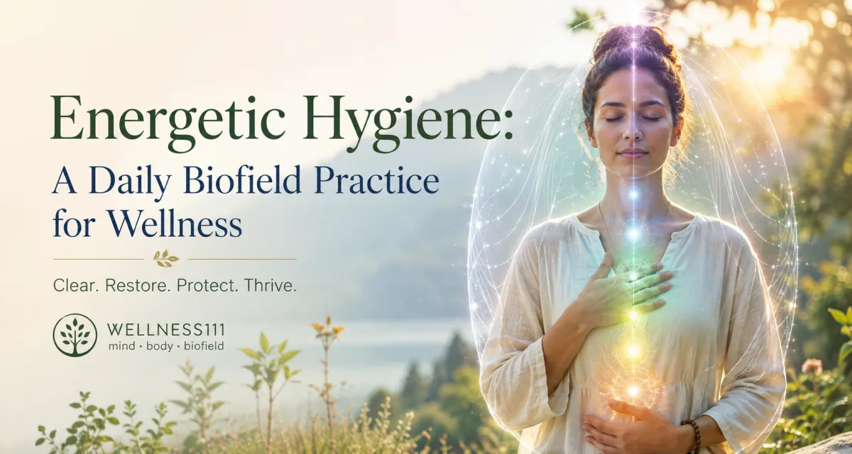 Person in a peaceful meditative pose surrounded by soft glowing energy light representing biofield and energetic hygiene practice