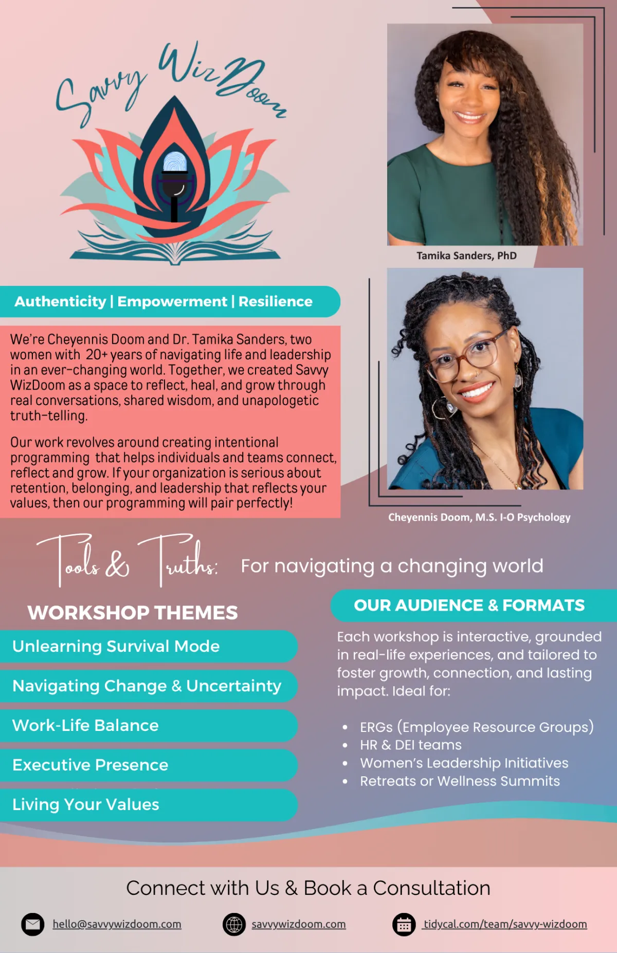 Savvy WizDoom Flyer demonstrating our services, audiences, formats and contact info