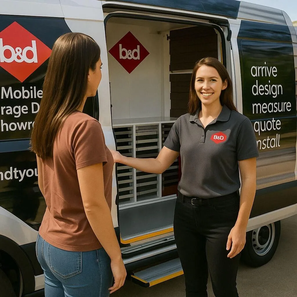 a B&D repreentative standing in front of a B&D to you mobile showroom van with a customer