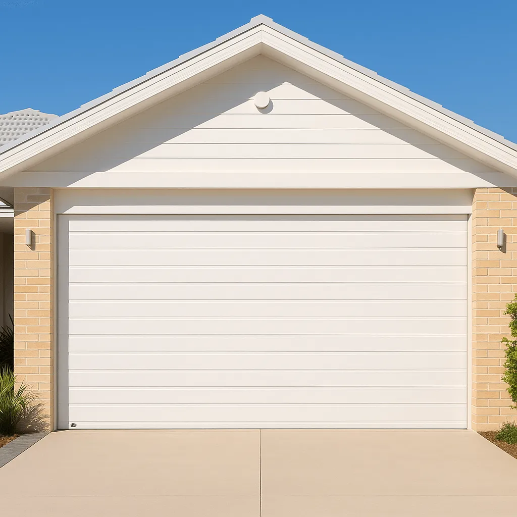 a image of a white garaged door on a modern new home