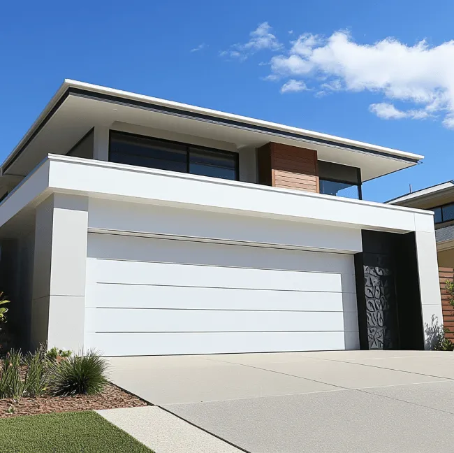 a white double width garage door on a double storey home 