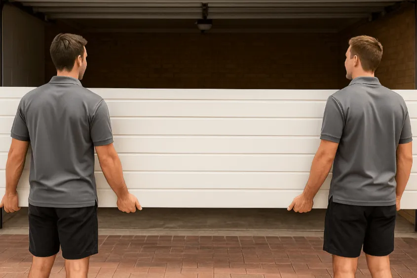 two garage door repair men holding a garage door panel 