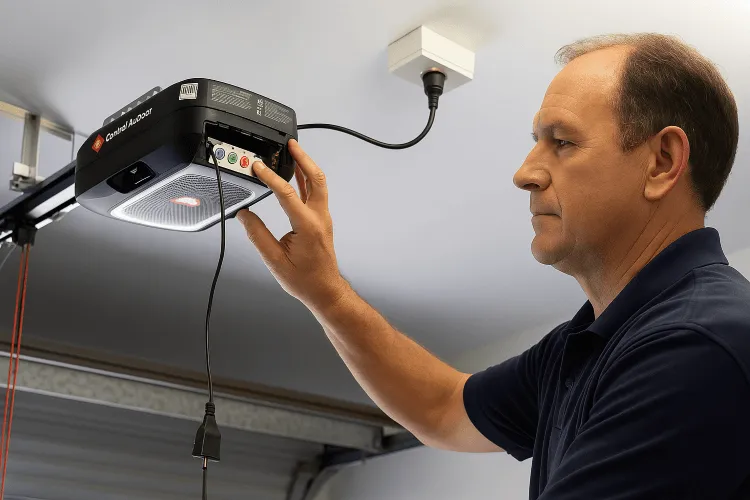 garage door repair technician adjusting a sectional garage door motor