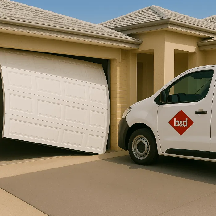 a sectional garage door that is out of its tracks and sitting on an angle with a B&D repair van in the driveway 