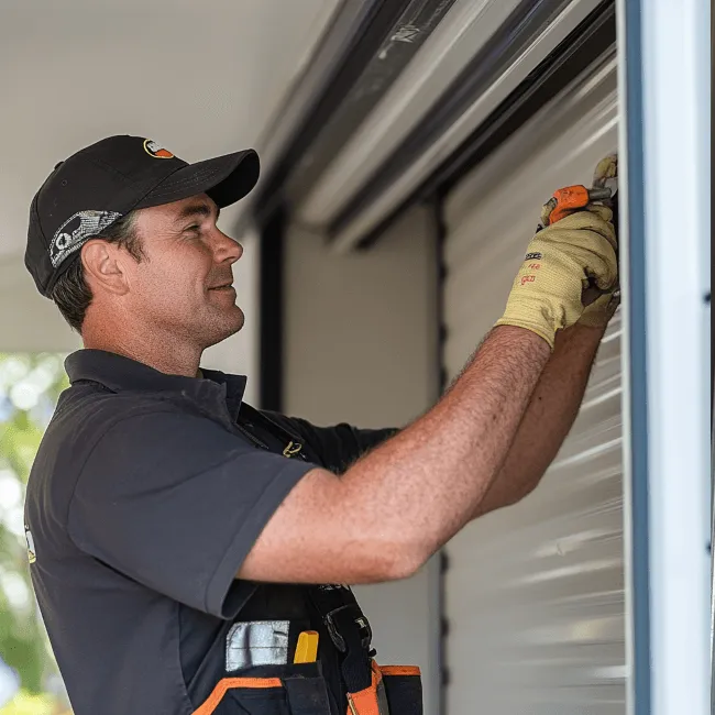 a repair technician repairing a garage door 