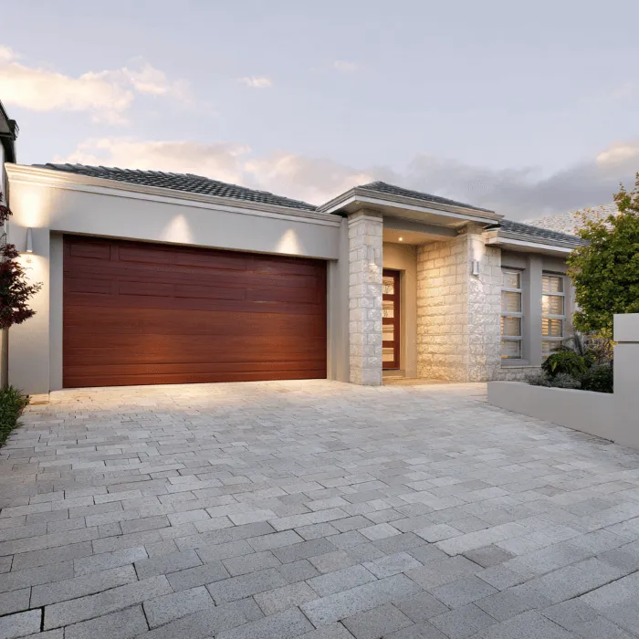 A custom styled garage door on a new home