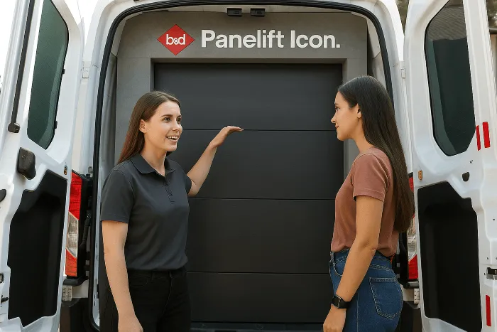 A B&D garage door consultant with a customer at the rear of the B&D mobile showroom van 