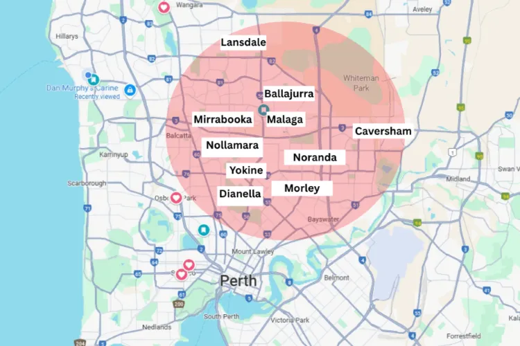 A map of Perth showing highlighted areas of pecifi uburbs 