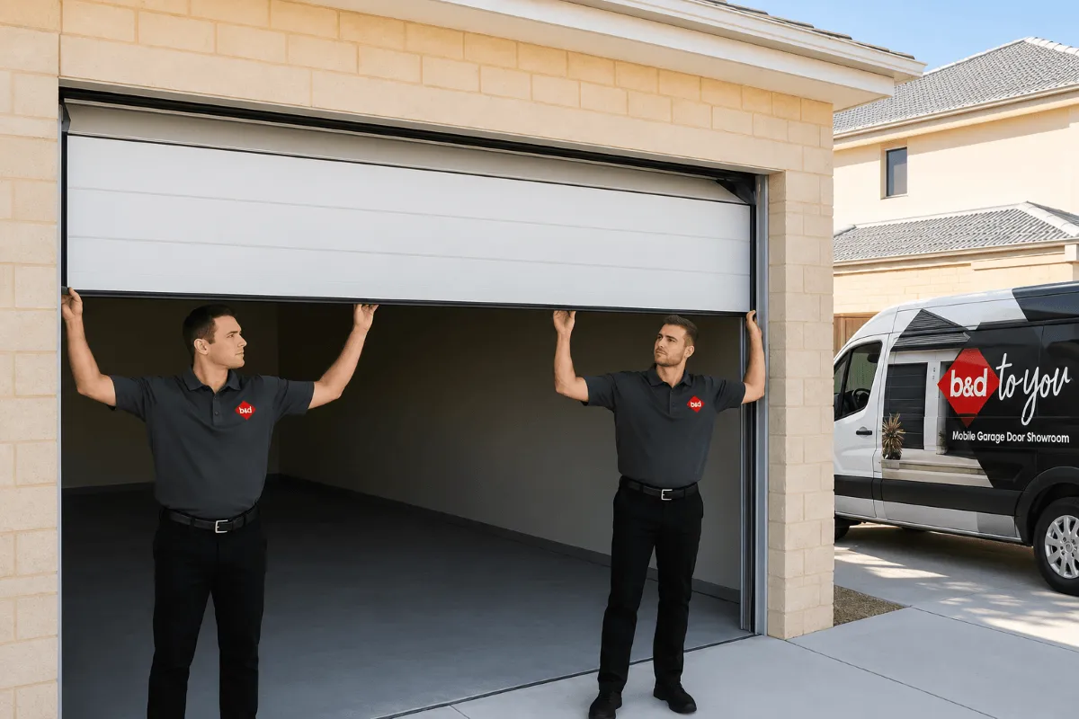 two men in B&D uniform's installing a garage door 