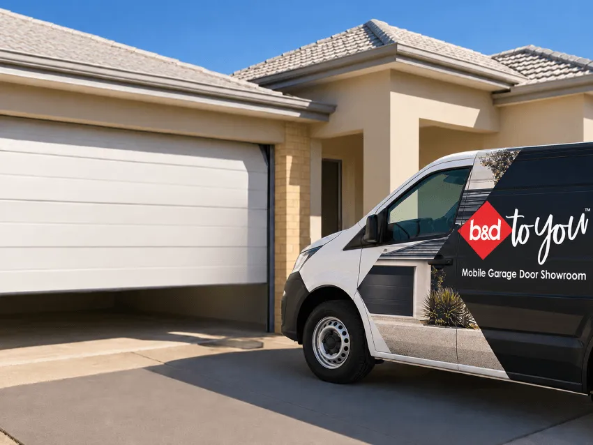 a B&d repair van out the ont of a garage door that is not all the way down