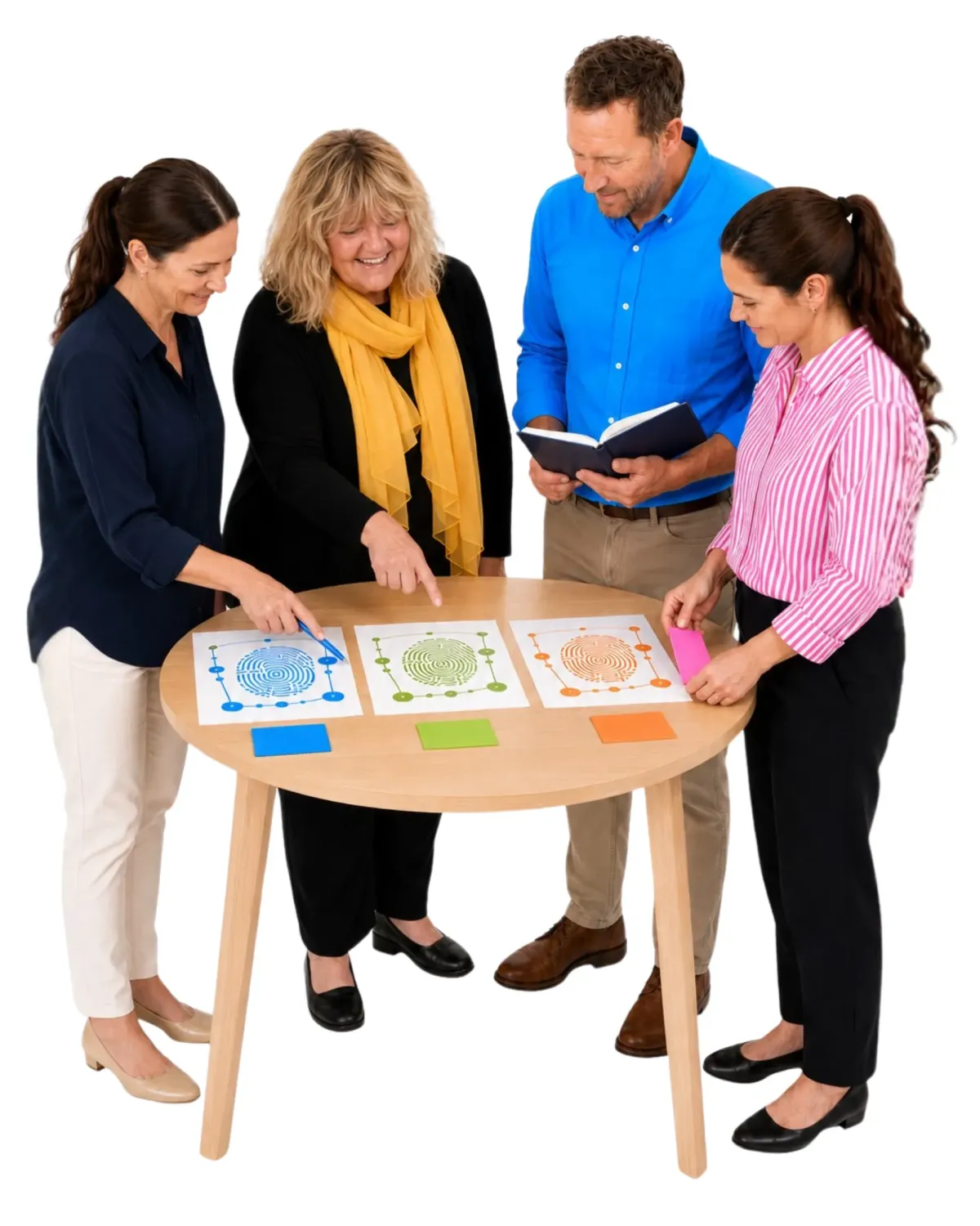 Lozz Kennedy and three educators exploring colourful Learning Fingerprint framework activities around a classroom table.