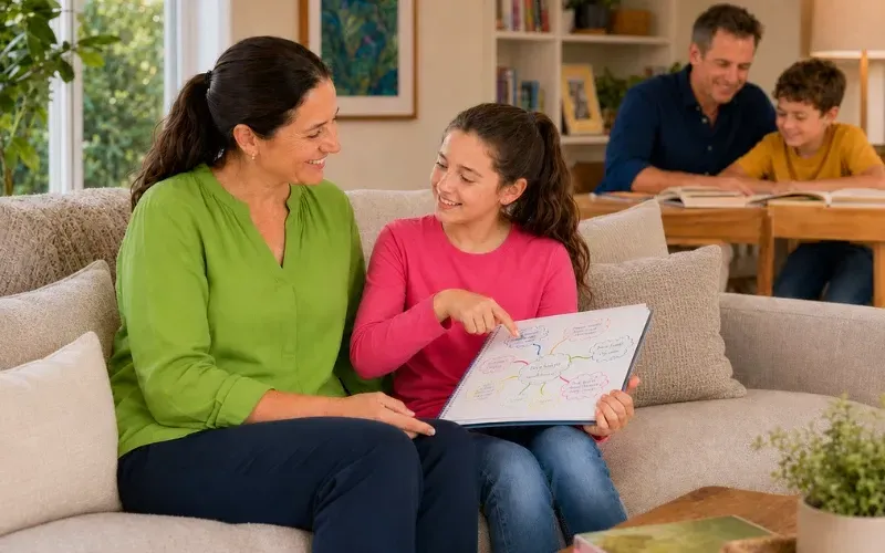 A homeschooling mother and daughter discussing a colourful learning map while a father supports another child at a table in their family home.