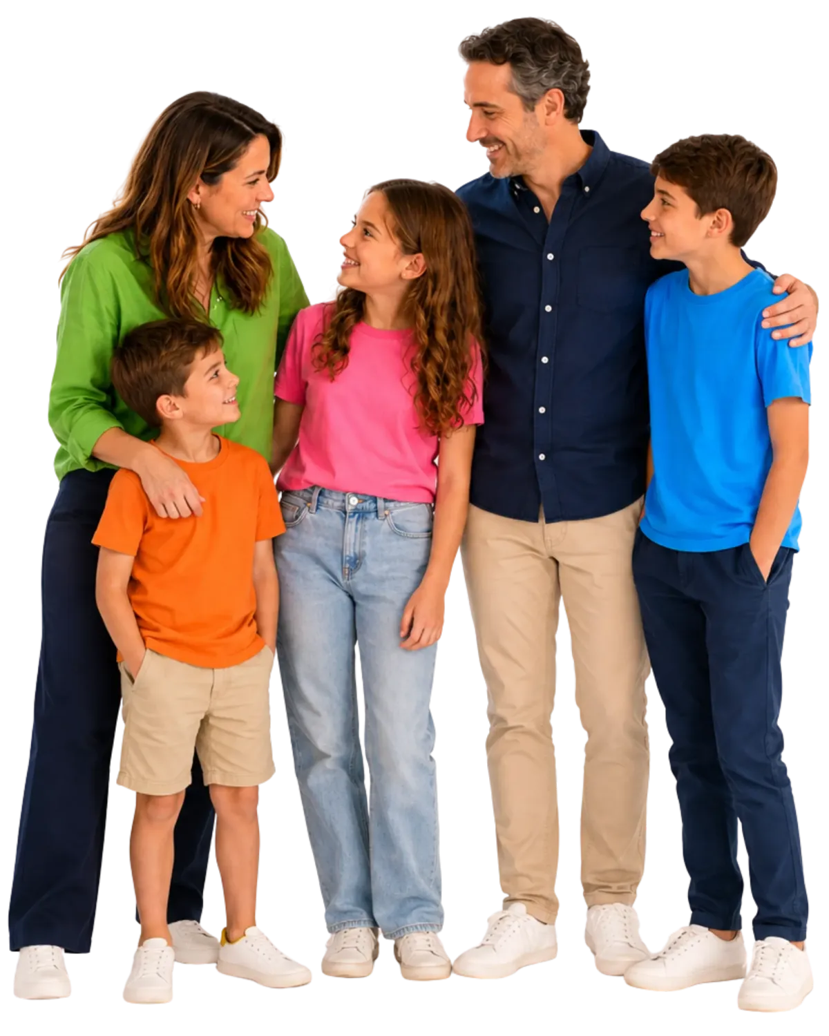 A mother, father, two boys and a girl standing together in bright brand colours, sharing a warm and connected family moment.
