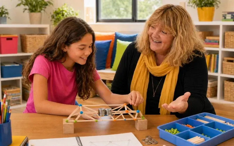 Lozz Kennedy speaking with a girl and her parents about connected emotional wellbeing and learning support.
