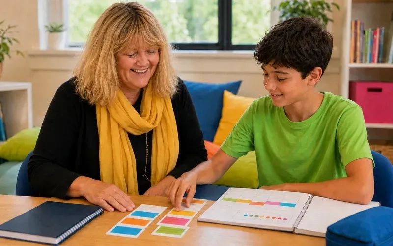 Lozz Kennedy and a teenage boy organising colour-coded planning cards to break a challenging school task into manageable steps.