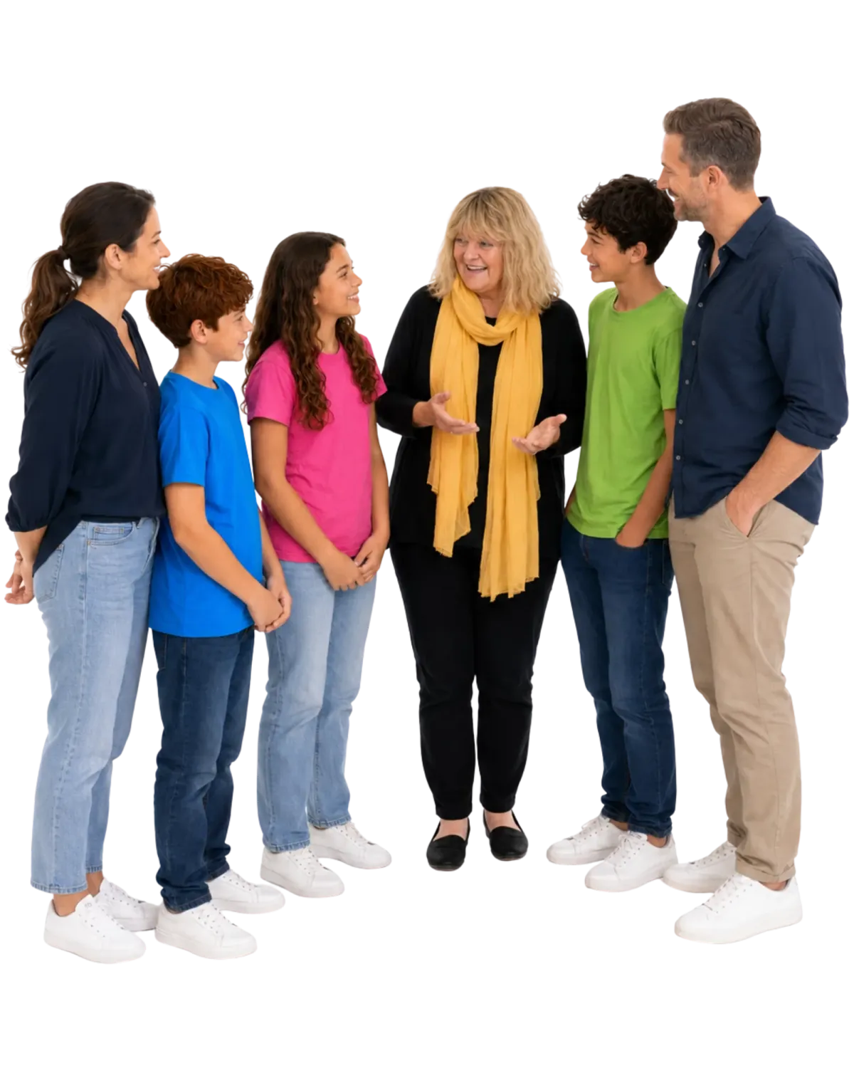 Lozz Kennedy in a supportive conversation with two children and their parents about confidence, wellbeing and connected support.
