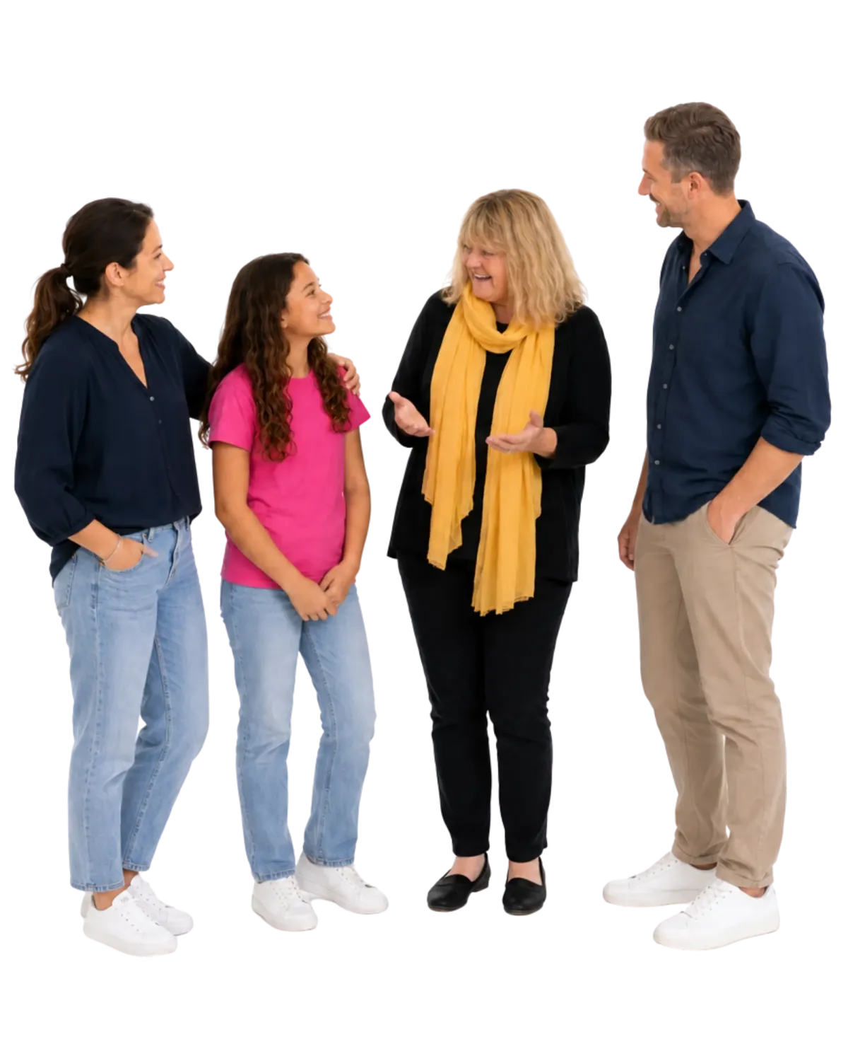 Lozz Kennedy speaking with a girl and her parents about connected emotional wellbeing and learning support.