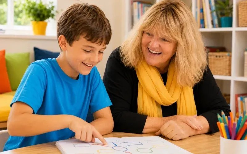 Lozz Kennedy supporting a young boy as he explains a colourful mind map showing how he organises and understands information.
