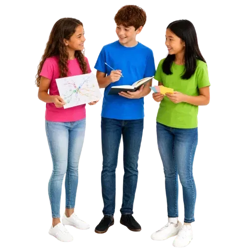 Three children sharing a colourful learning map, notebook and strategy cards while discussing how they learn best.