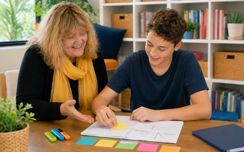 Lozz Kennedy guiding a teenage boy as he maps his personal learning strategies during a Learning Fingerprint discovery activity.