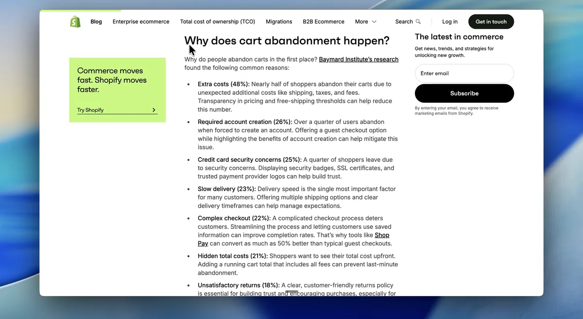 Reading cart-abandonment research on the Shopify blog — screen recording frame, July 7, 2026.