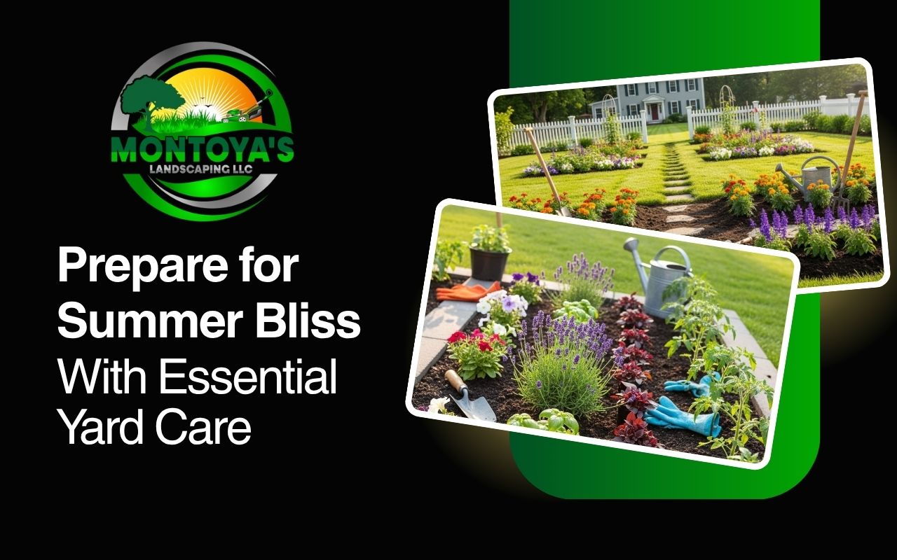 Summer yard prep with fresh plants and clean garden beds