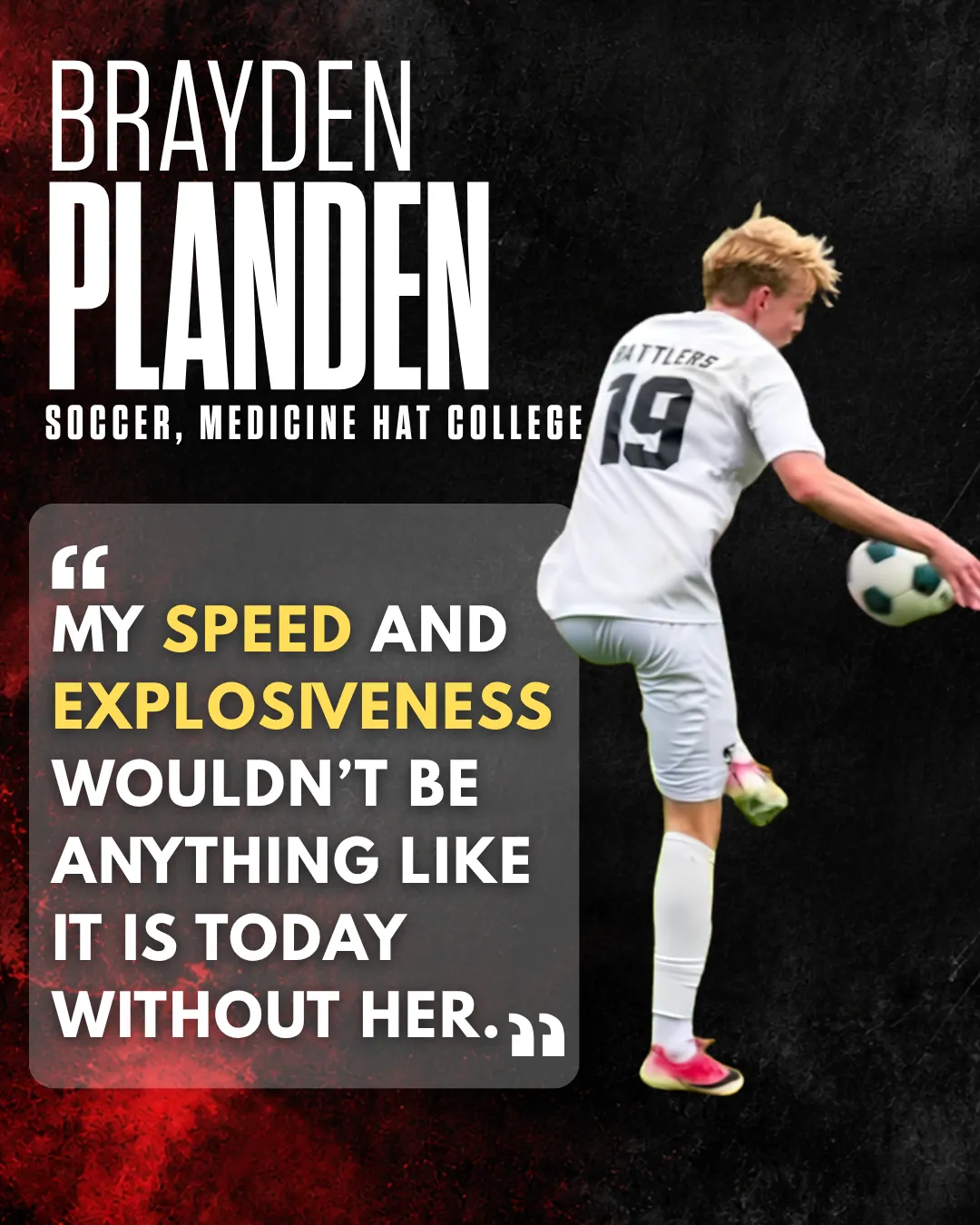 Brayden Planden, Soccer at Medicine Hat College, testimonial graphic