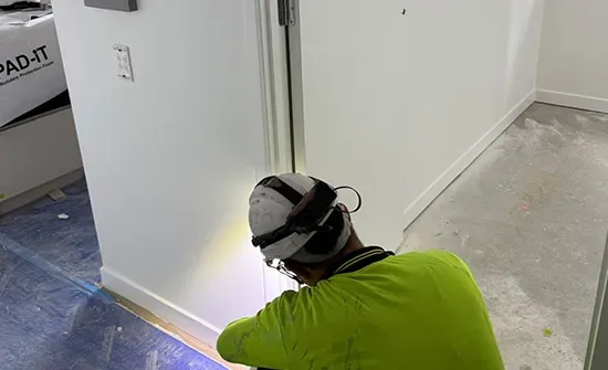 Close-up of crisp skirting and door trim lines from interior house painting in Brisbane