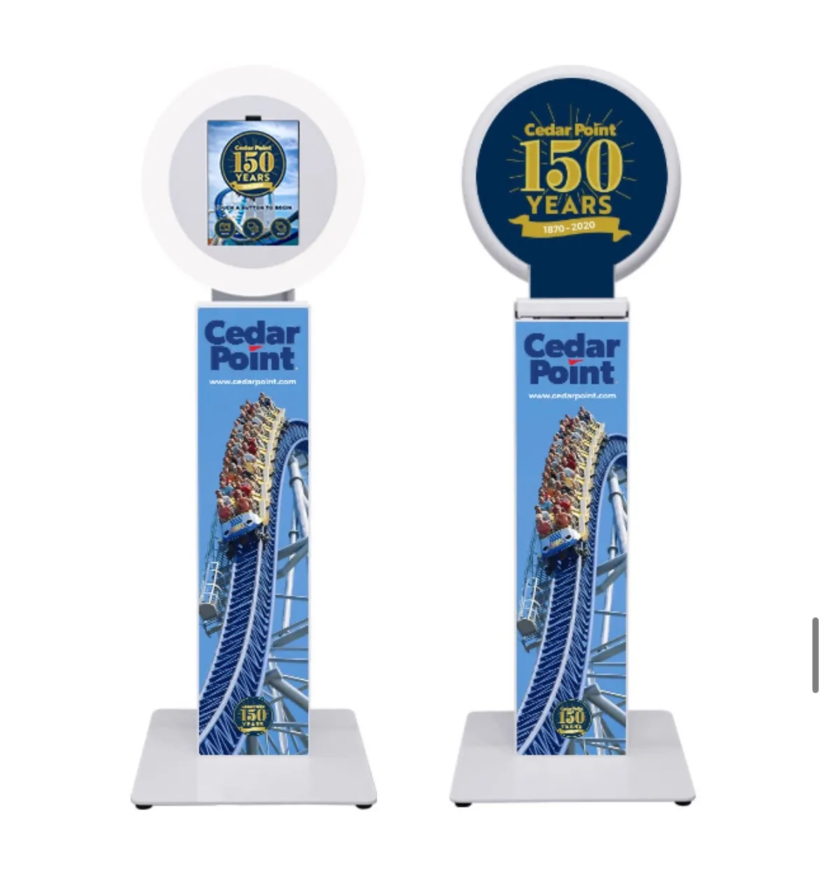 Corporate gala photo area with bespoke signage, branded step-and-repeat behind the booth, gold-accent props and a sample custom overlay showing product imagery integrated into guest photos.