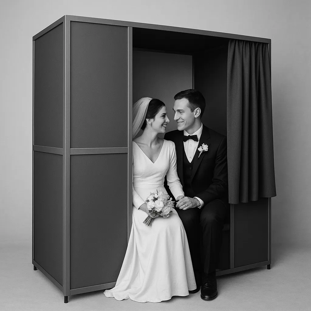 Interior of the Classic Enclosed Photo Booth with velvet drapes and vintage camera