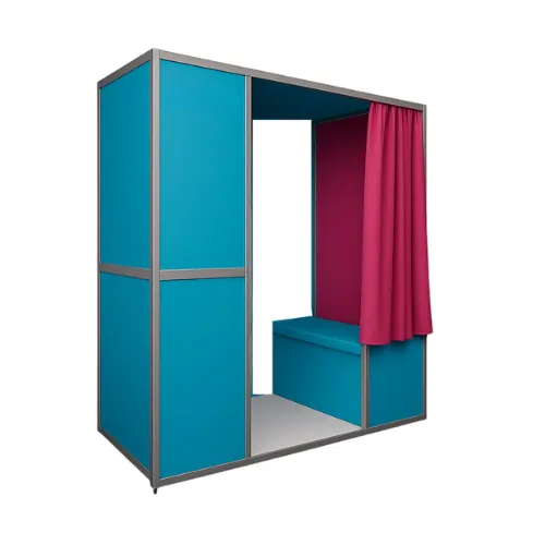 A brand activation event with young professionals using the enclosed booth, holding branded props. The scene is vibrant, with neon signage and a crowd in the background, highlighting the booth’s versatility for marketing experiences.