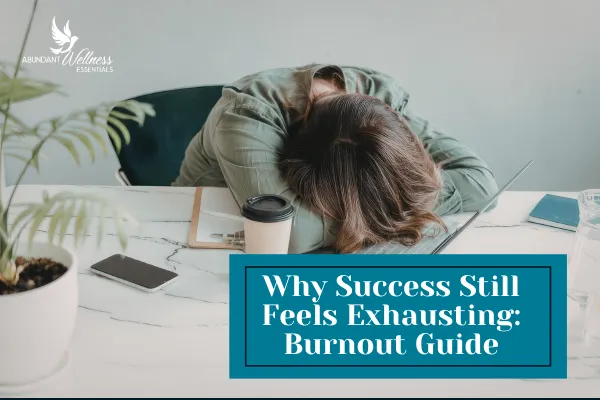 why success still feels exhausting title with a woman putting head on desk