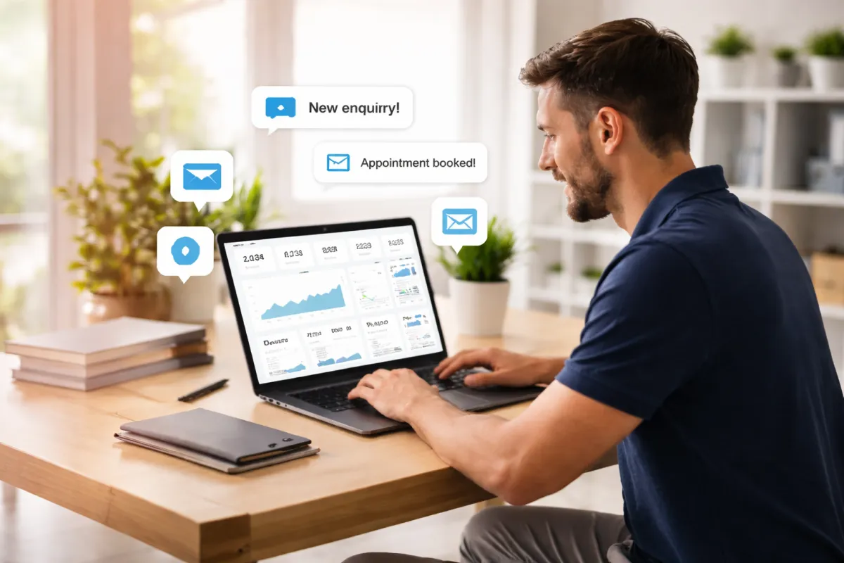 Marketer reviewing a clear dashboard on a laptop in a bright modern workspace