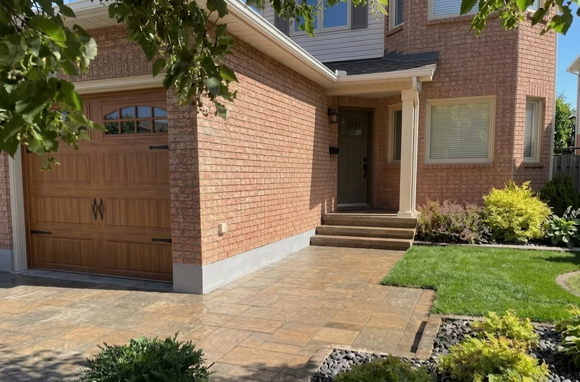 A landscaped yard with interlock and planting