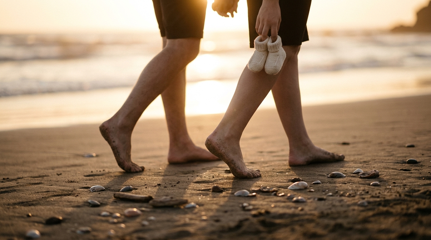 Bild von einem Strand und 2 Menschen bzw deren Beine