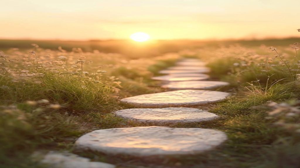 Ein romantischer Steinweg mit Sonnenuntergan