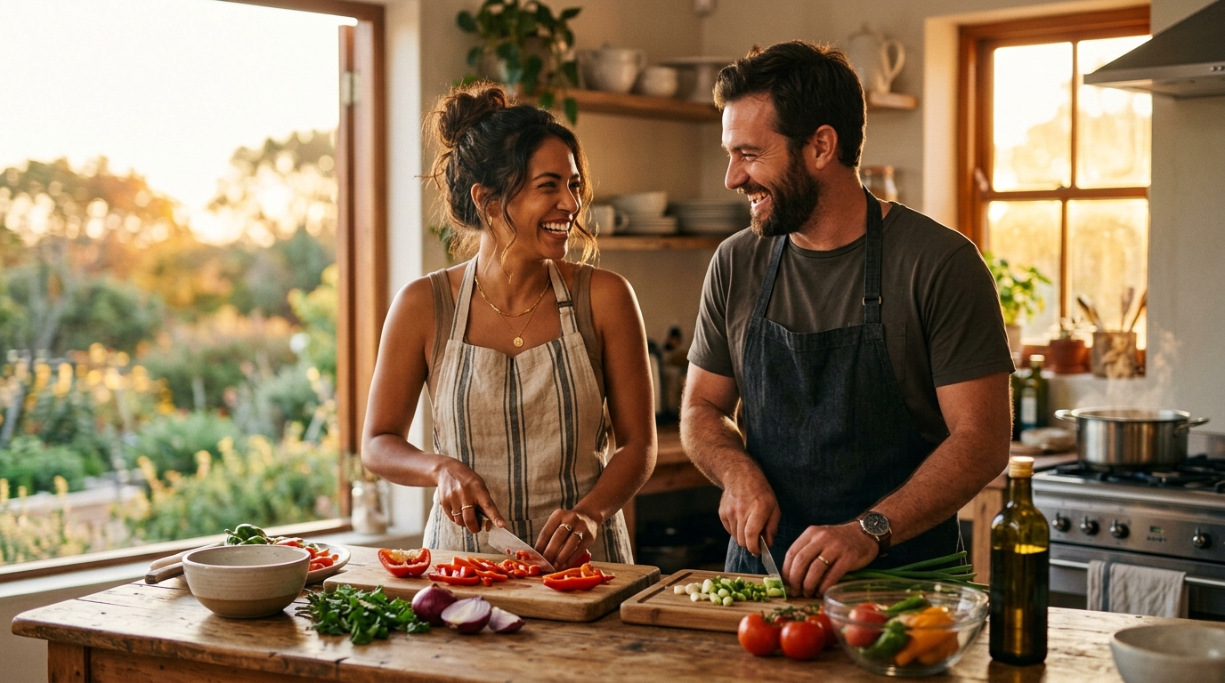 lachendes Paar in der Küche gemeinsam am kochen