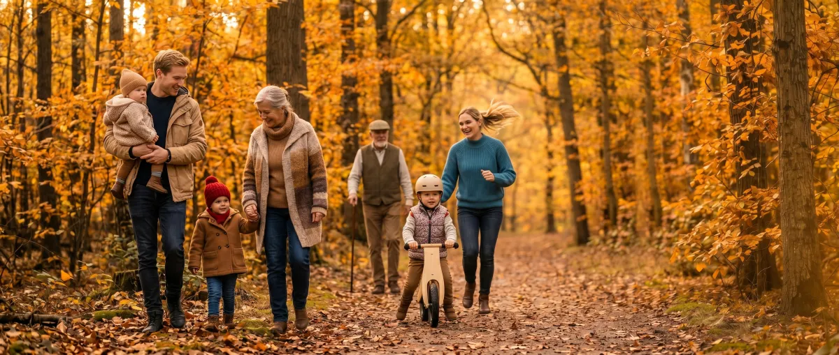 Drei Generationen einer Familie spazieren gemeinsam durch einen goldenen Herbstwald — Eltern, Grosseltern und Kinder als Team.