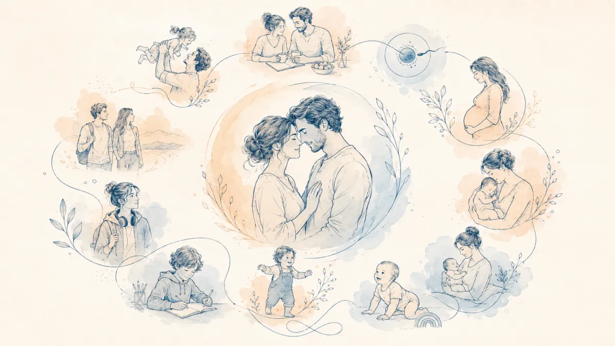 Aquarell-Illustration des Zukunftskind-Universums: ein Paar in der Mitte, umgeben von den Lebensstationen einer Familie.
