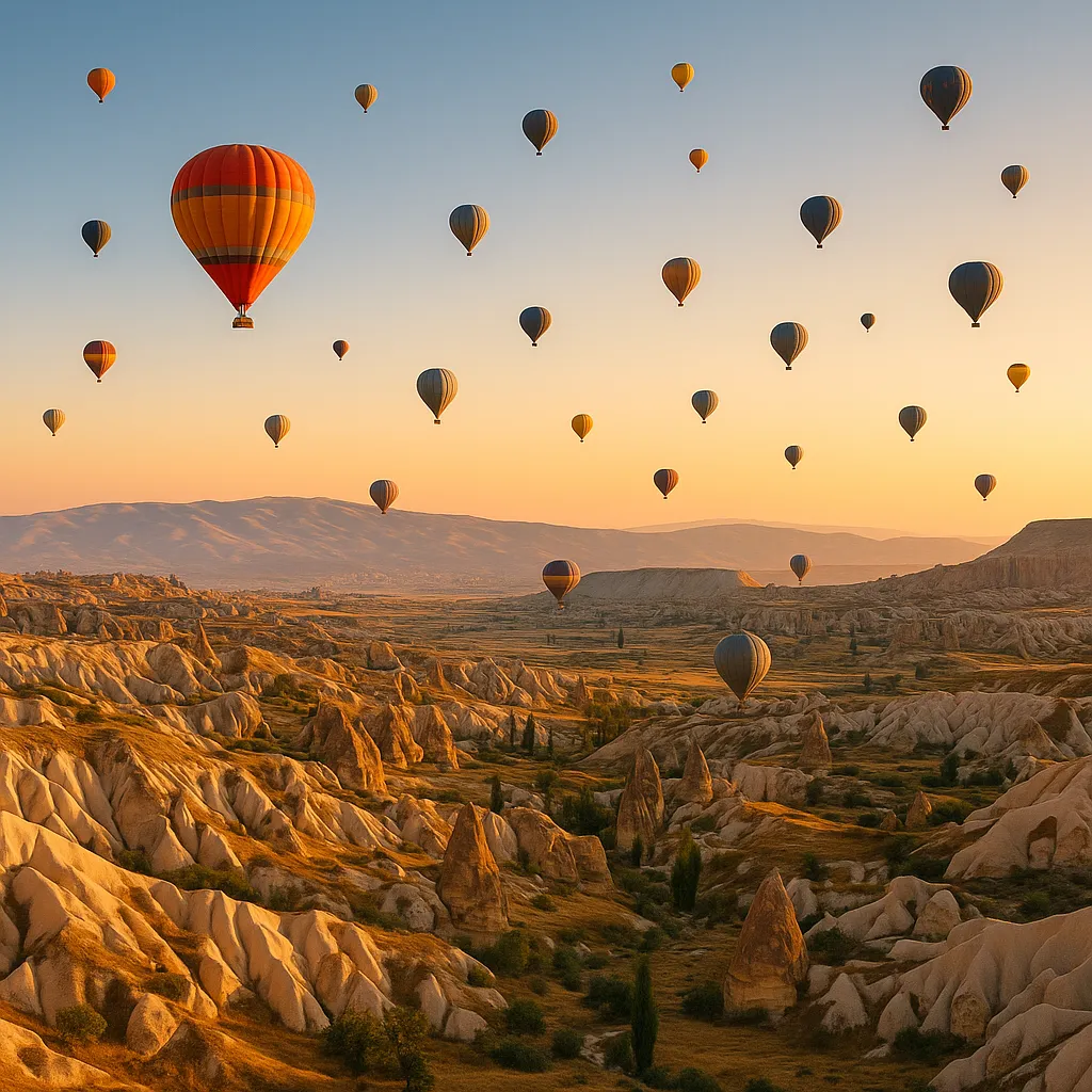 Hagia Sophia and hot air balloons over Istanbul at sunrise, Turkey travel and cultural destination