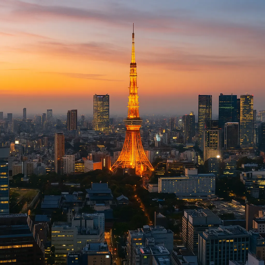 Tokyo Tower at sunset with city skyline and Mount Fuji in the background, Japan travel destination
